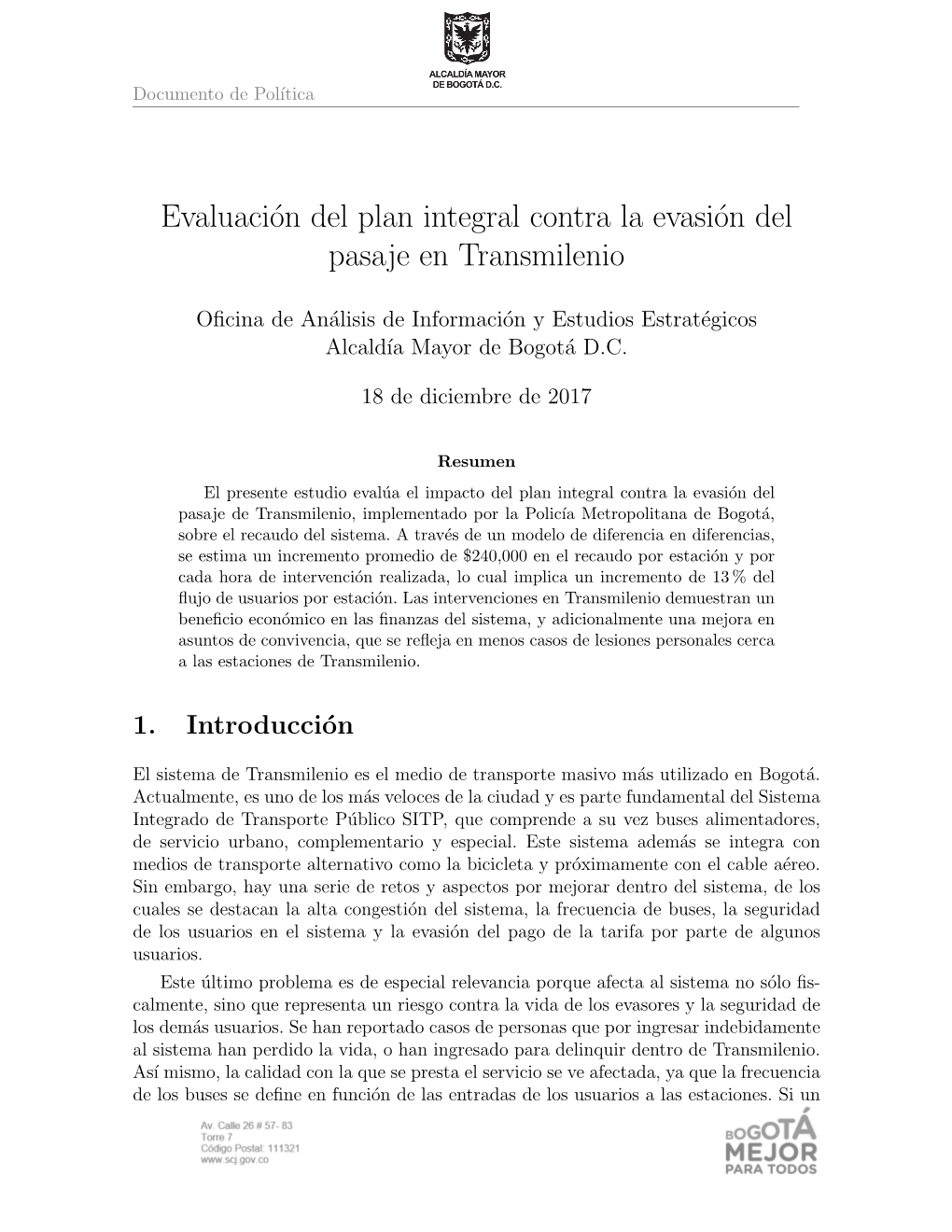 Evaluación Del Plan Integral Contra La Evasión Del Pasaje En Transmilenio