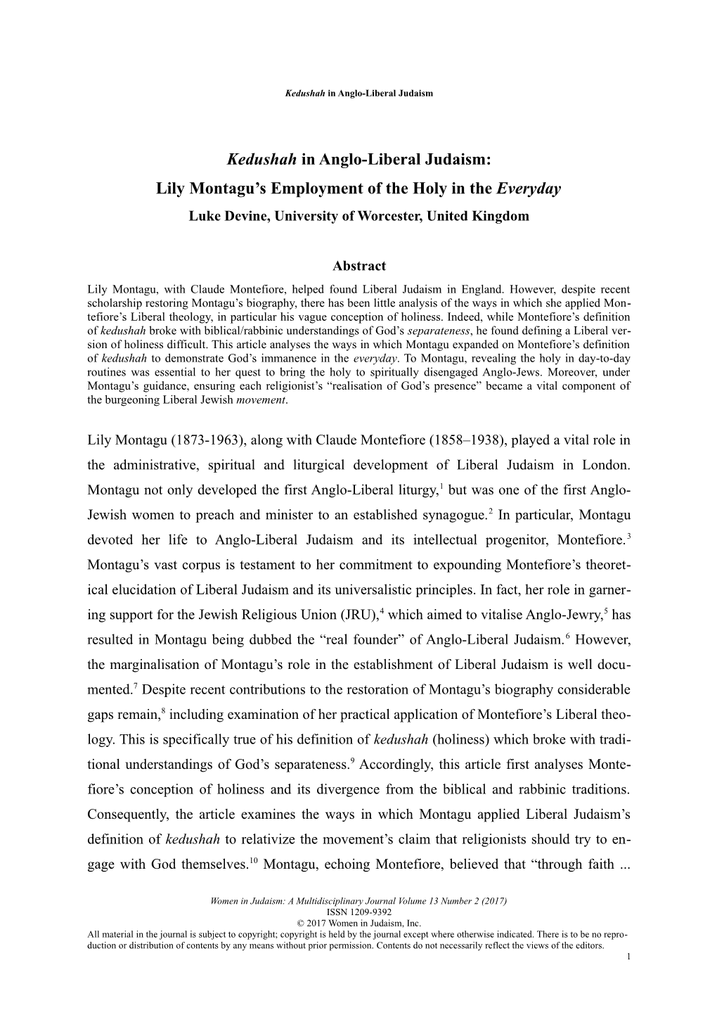 Kedushah in Anglo-Liberal Judaism: Lily Montagu’S Employment of the Holy in the Everyday Luke Devine, University of Worcester, United Kingdom