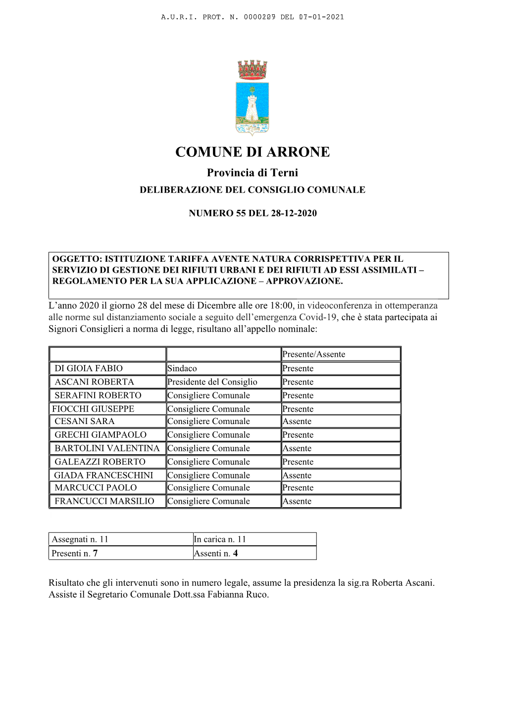 COMUNE DI ARRONE Provincia Di Terni DELIBERAZIONE DEL CONSIGLIO COMUNALE