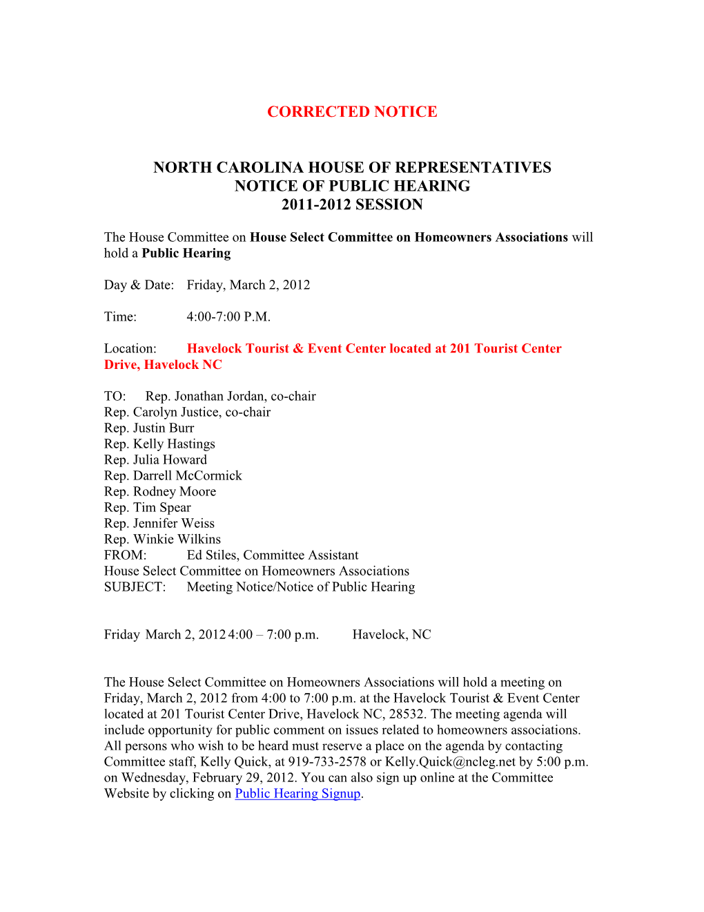 North Carolina House of Representatives Notice of Public Hearing 2011-2012 Session