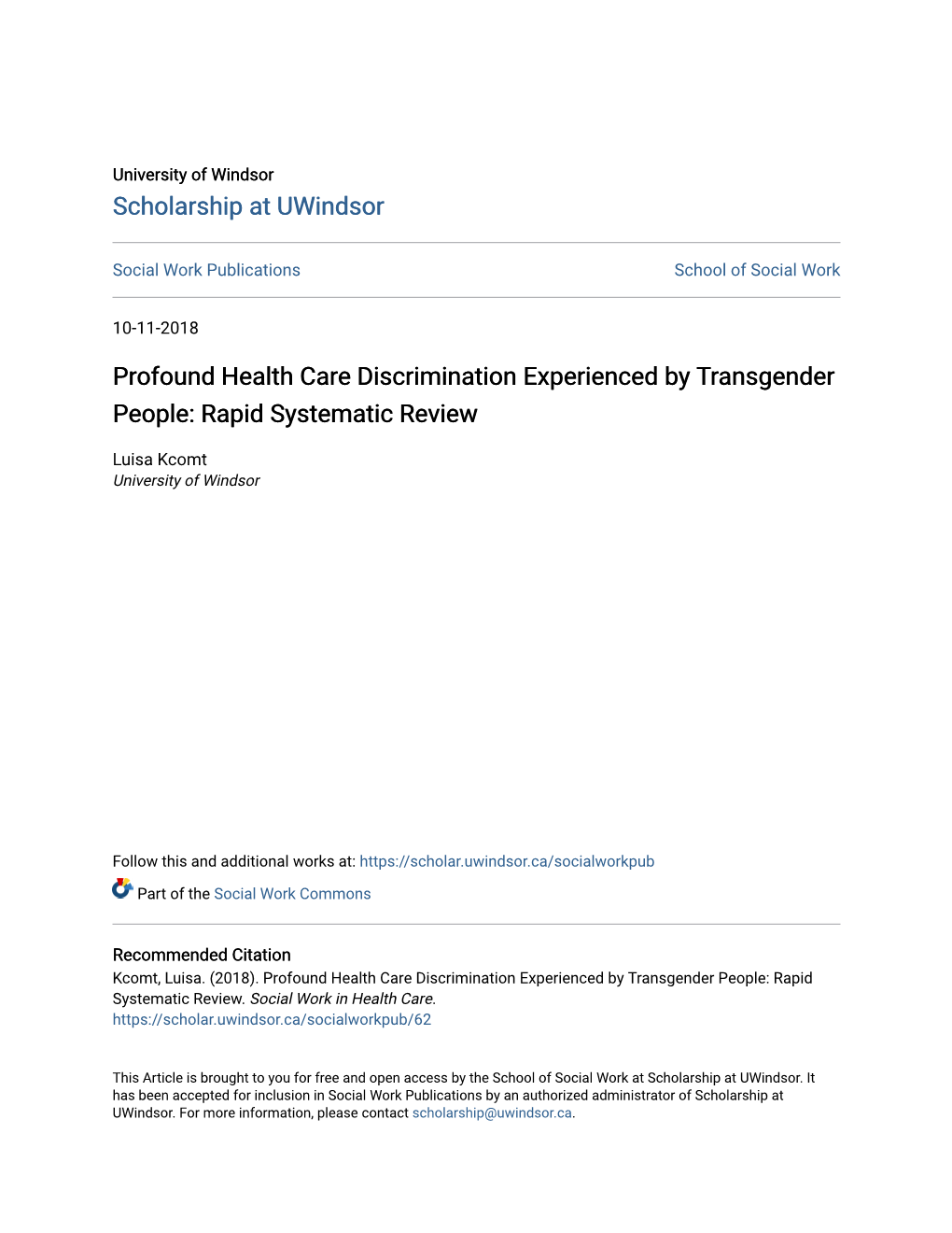 Profound Health Care Discrimination Experienced by Transgender People: Rapid Systematic Review