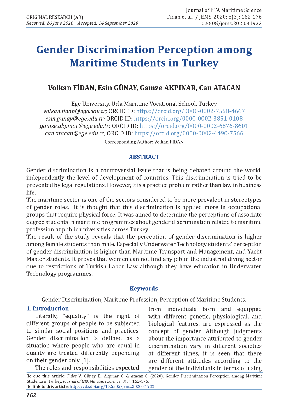 Gender Discrimination Perception Among Maritime Students in Turkey