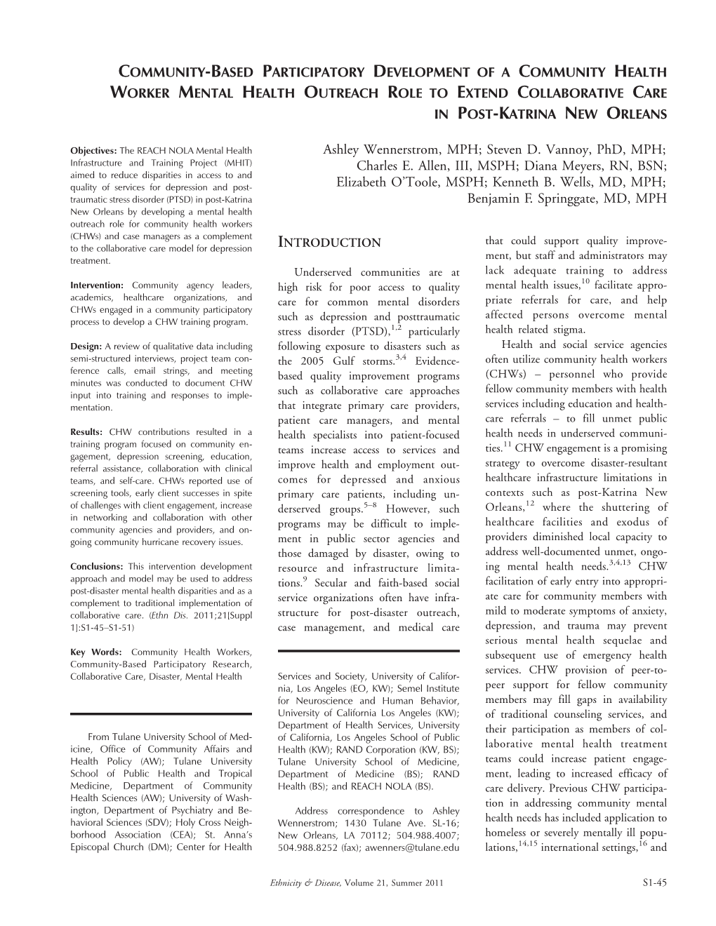 Community-Based Participatory Development of a Community Health Worker Mental Health Outreach Role to Extend Collaborative Care in Post-Katrina New Orleans