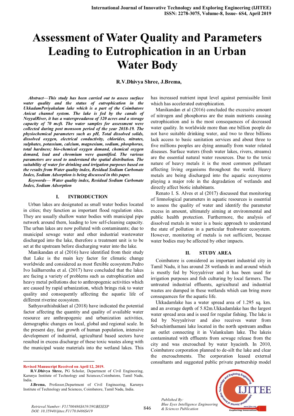 Assessment of Water Quality and Parameters Leading to Eutrophication in an Urban Water Body