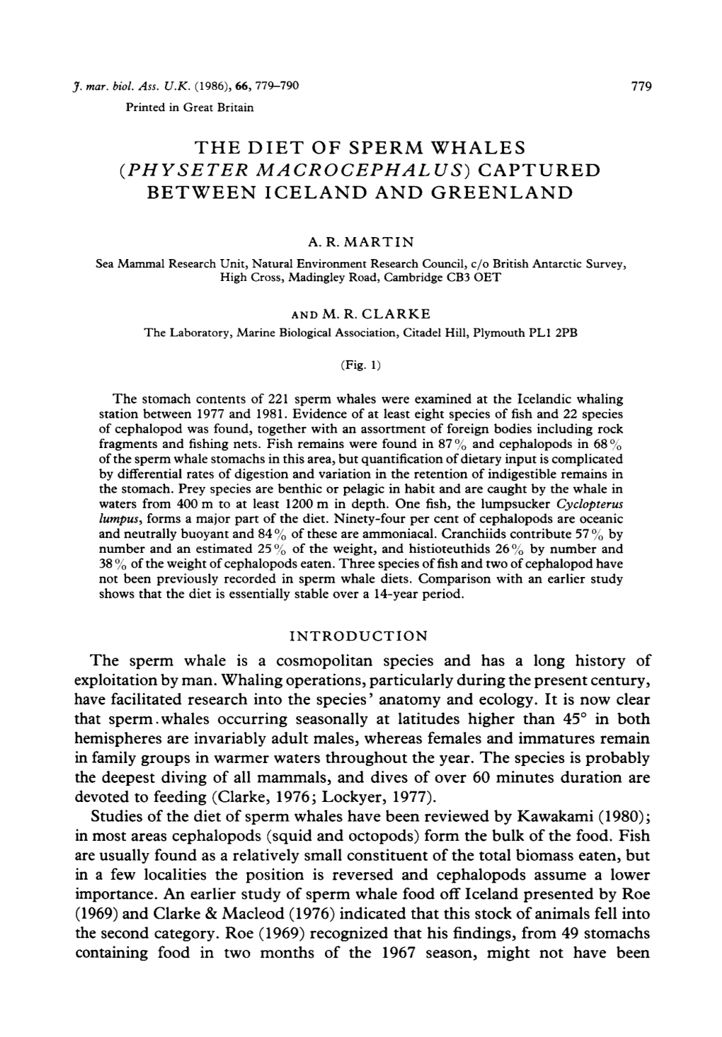 The Diet of Sperm Whales (Physeter Macrocephalus) Captured Between Iceland and Greenland