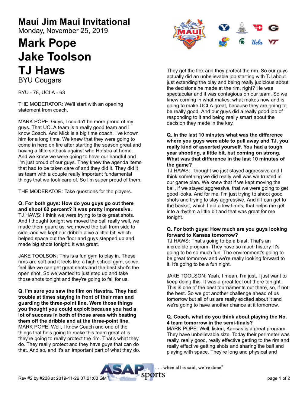 Mark Pope Jake Toolson TJ Haws
