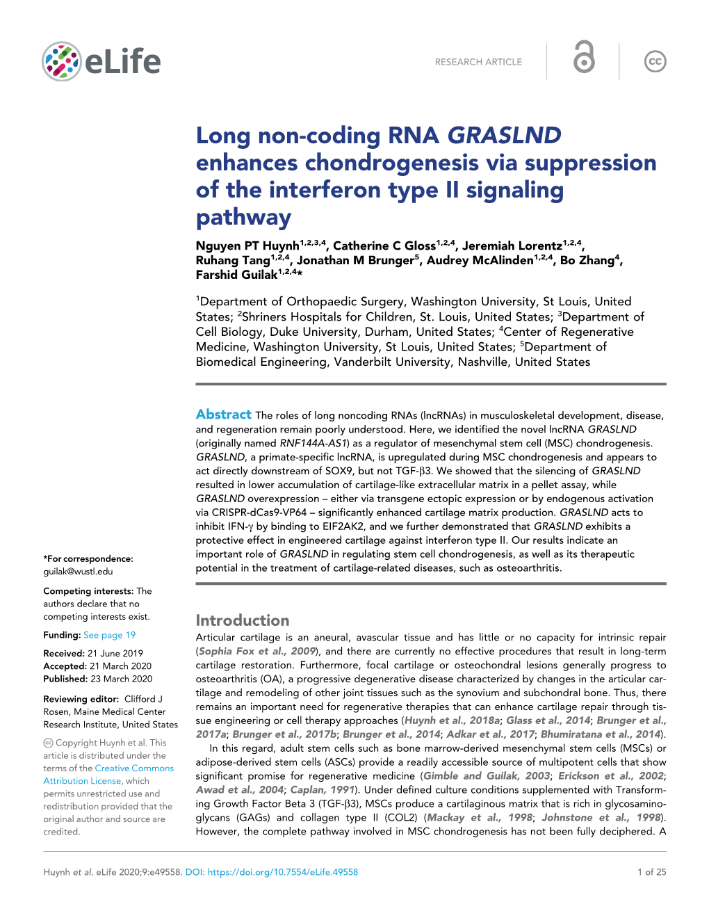 Long Non-Coding RNA GRASLND Enhances Chondrogenesis Via