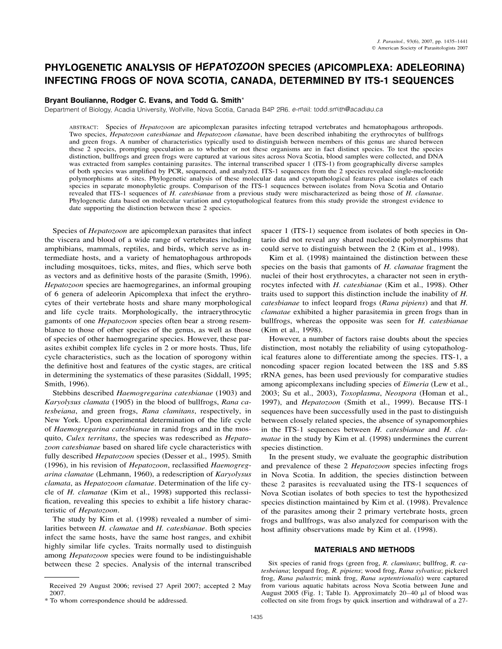 Phylogenetic Analysis of Hepatozoon Species (Apicomplexa: Adeleorina) Infecting Frogs of Nova Scotia, Canada, Determined by Its-1 Sequences