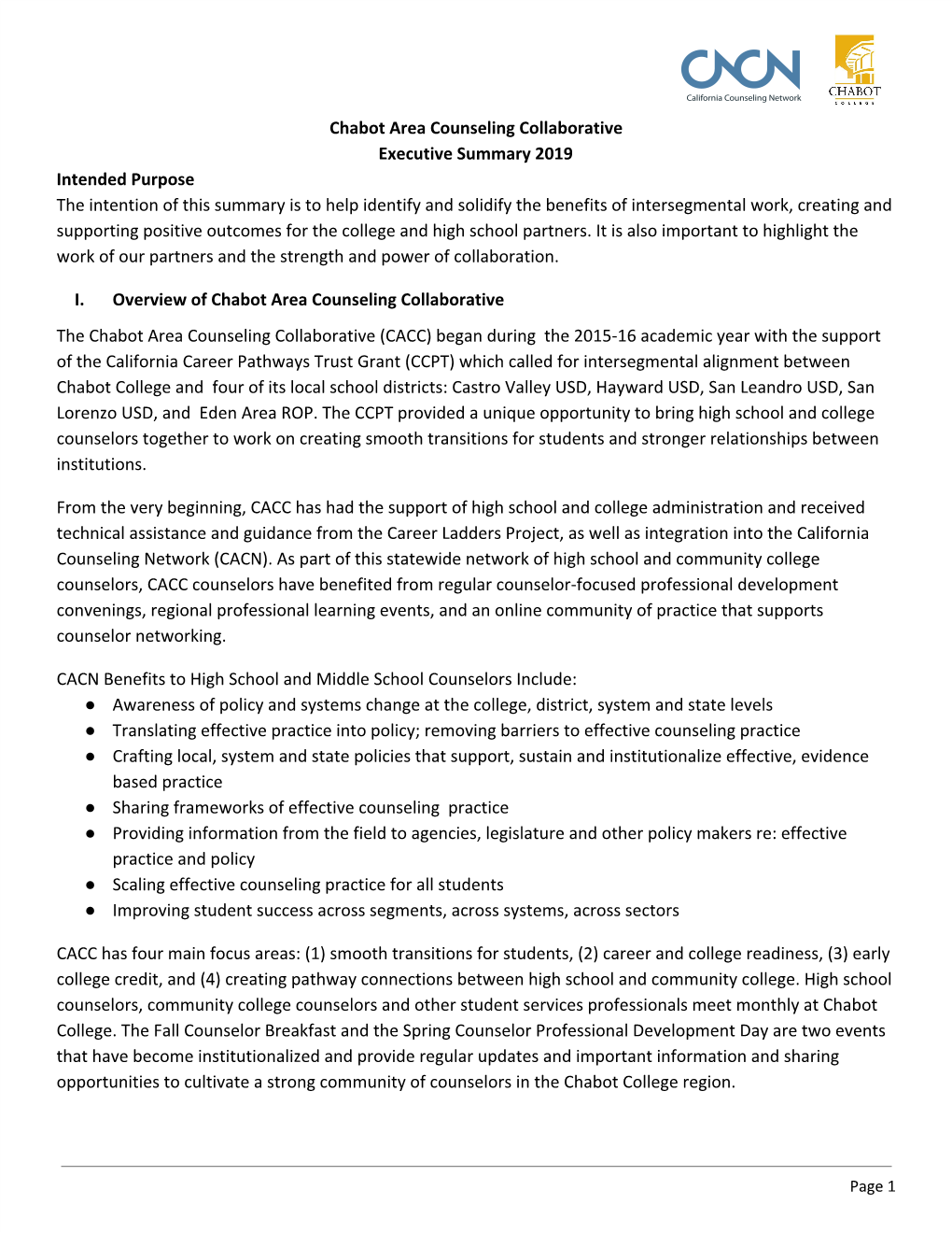 Chabot Area Counseling Collaborative Executive Summary