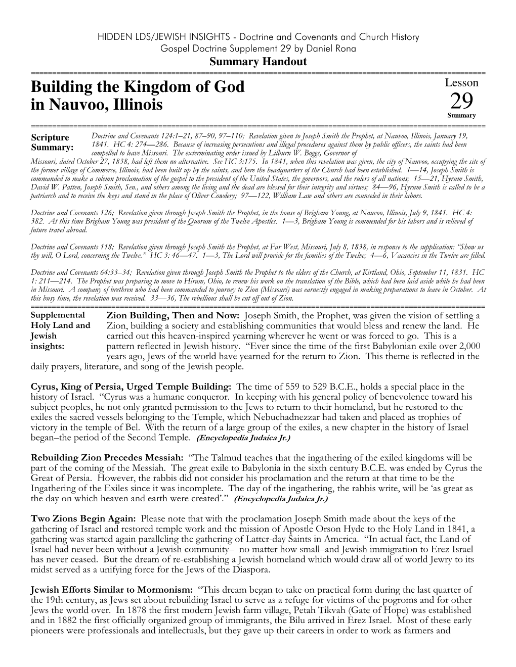 Summary Lesson 29 Building the Kingdom of God in Nauvoo, Illinois