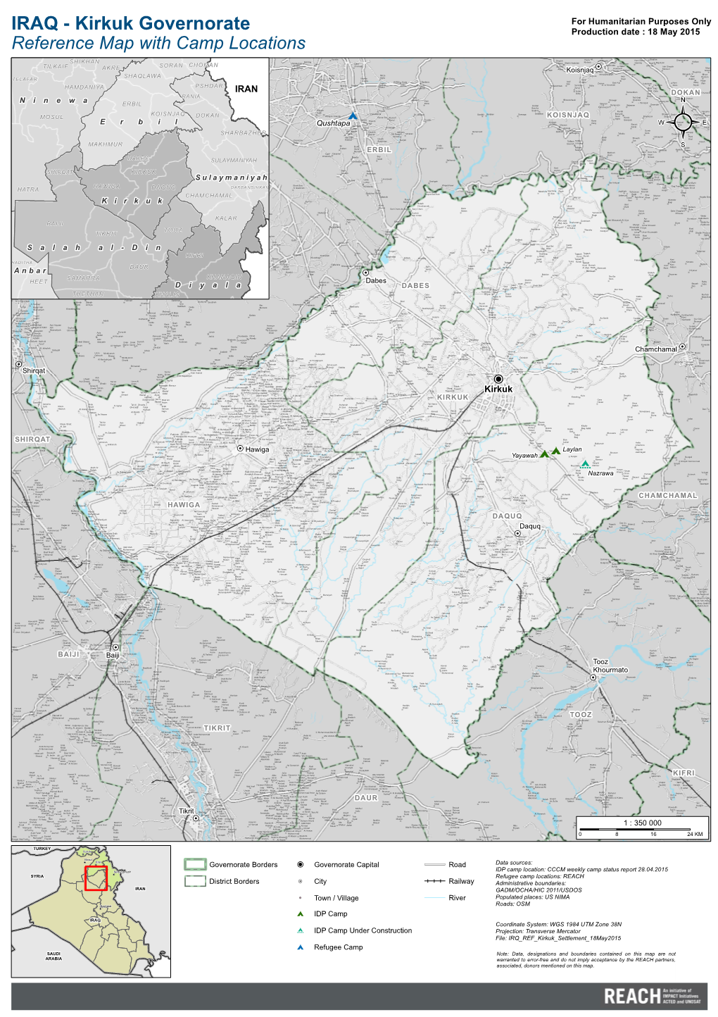 IRAQ - Kirkuk Governorate Production Date : 18 May 2015 Reference Map with Camp Locations