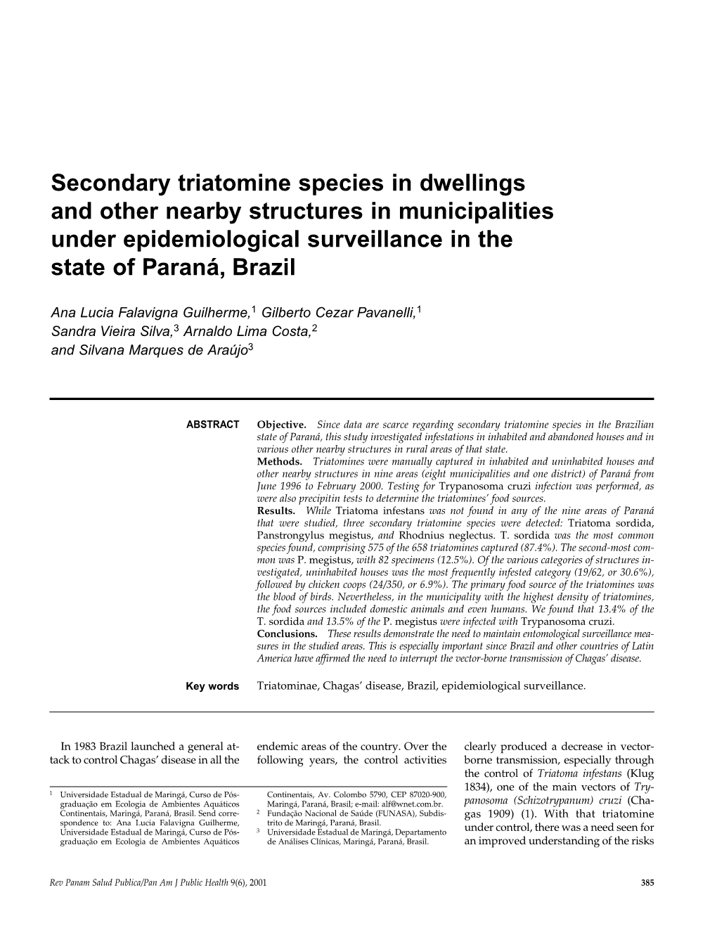 Secondary Triatomine Species in Dwellings and Other Nearby Structures in Municipalities Under Epidemiological Surveillance in the State of Paraná, Brazil