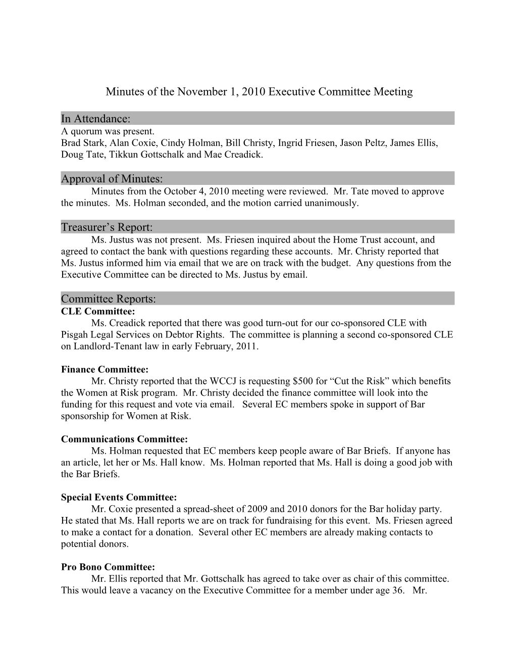 Minutes of the November 1, 2010 Executive Committee Meeting