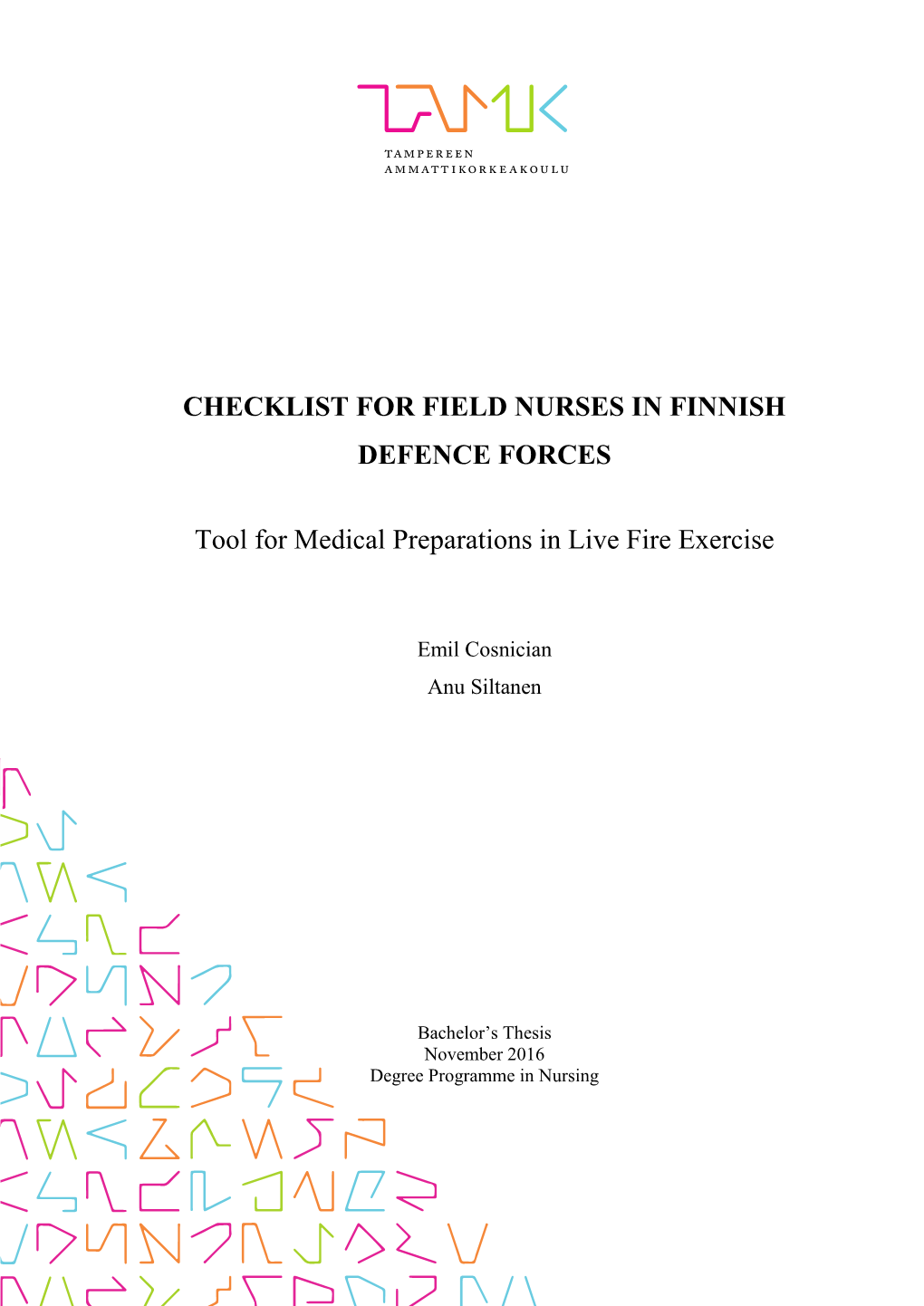Checklist for Field Nurses in Finnish Defence Forces