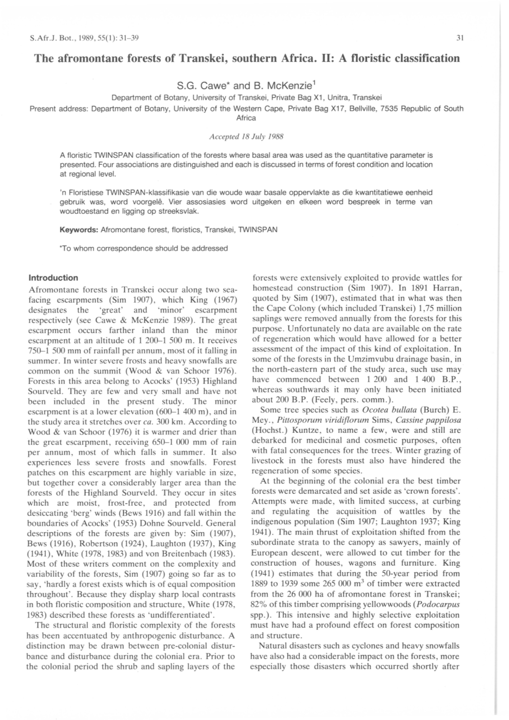 The Afromontane Forests of Transkei, Southern Africa. II: a Floristic Classification