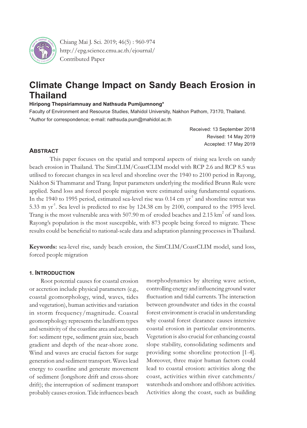 Climate Change Impact on Sandy Beach Erosion in Thailand