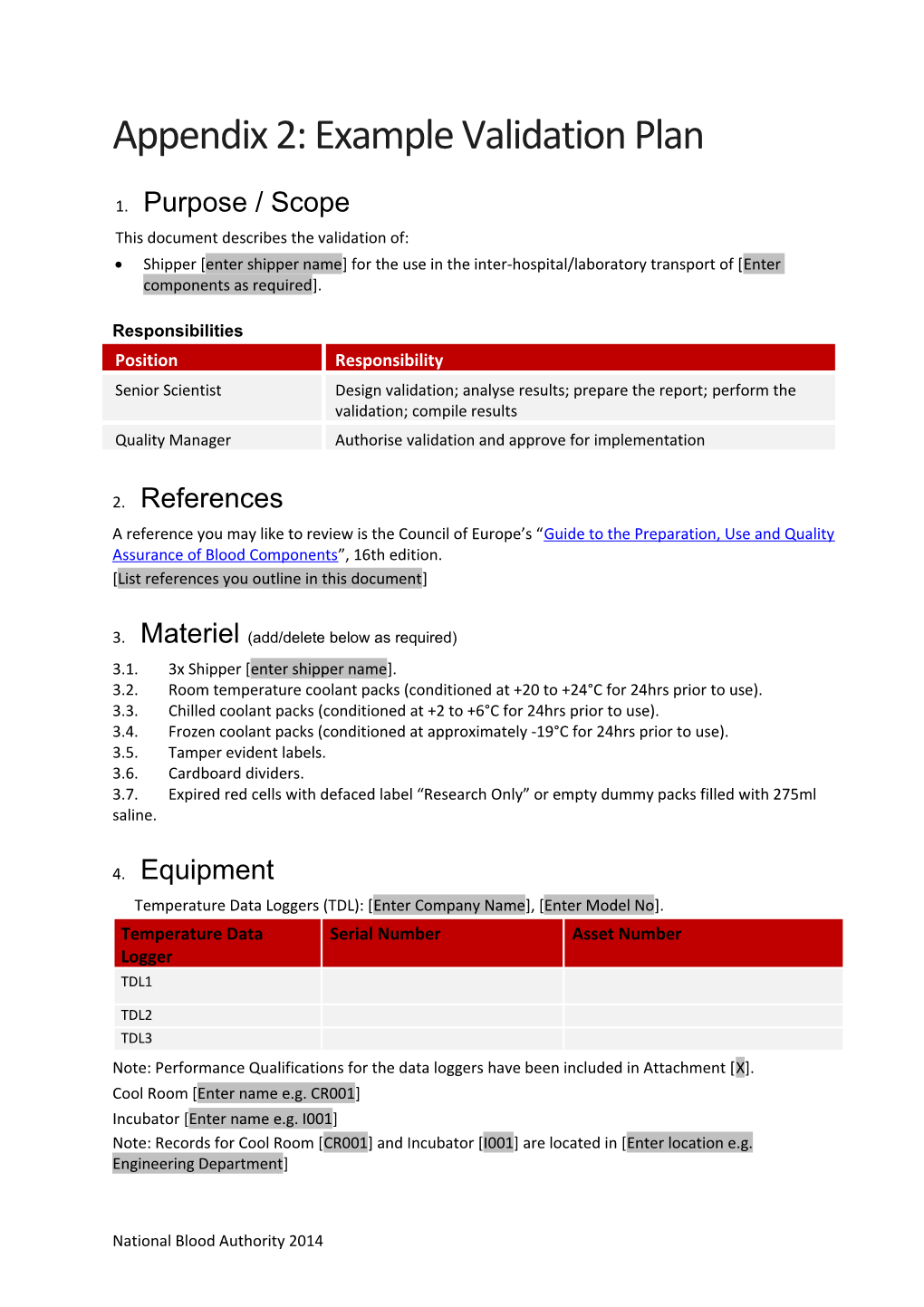 Appendix 2: Example Validation Plan