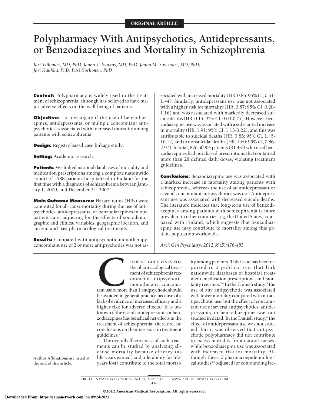 Polypharmacy with Antipsychotics, Antidepressants, Or Benzodiazepines and Mortality in Schizophrenia