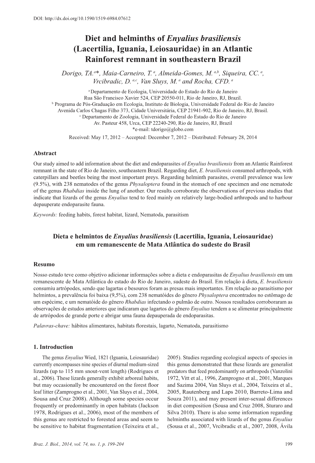 Diet and Helminths of Enyalius Brasiliensis