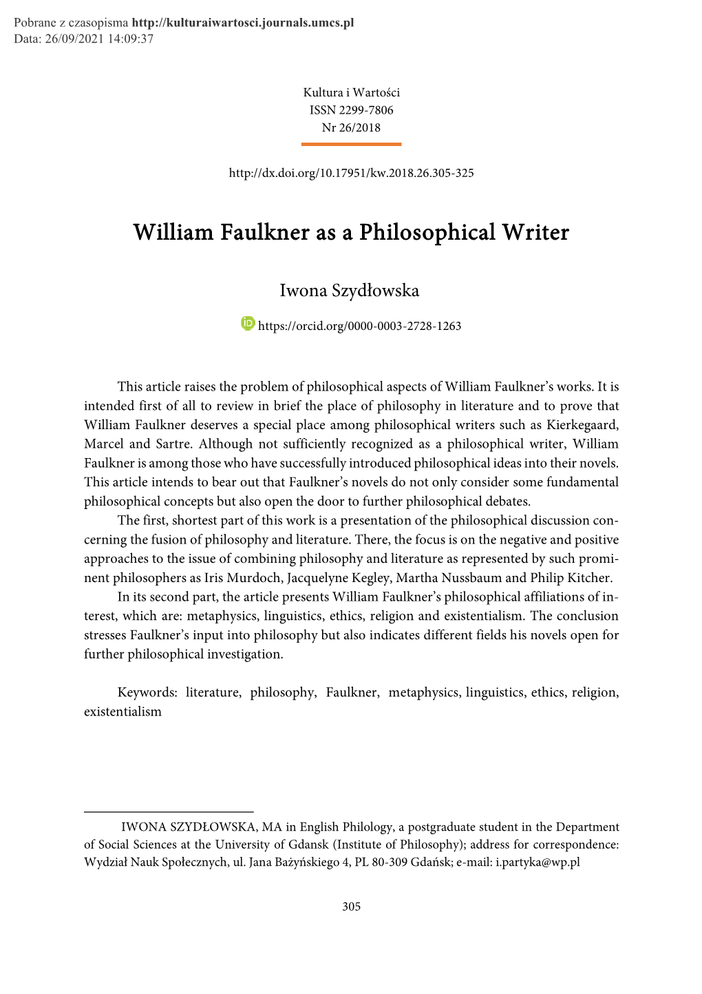 William Faulkner As a Philosophical Writer