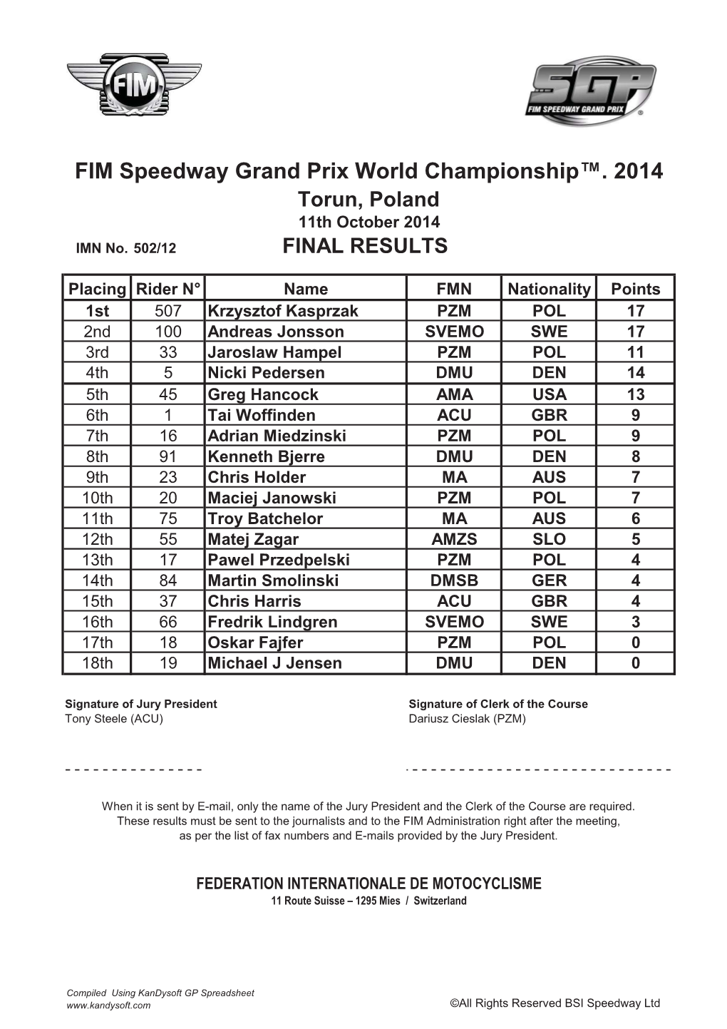 FIM Speedway Grand Prix World Championship™. 2014 Torun, Poland 11Th October 2014 IMN No