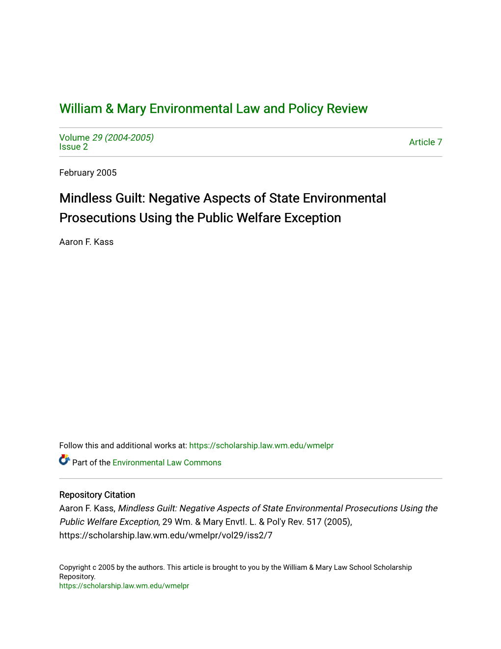 Mindless Guilt: Negative Aspects of State Environmental Prosecutions Using the Public Welfare Exception