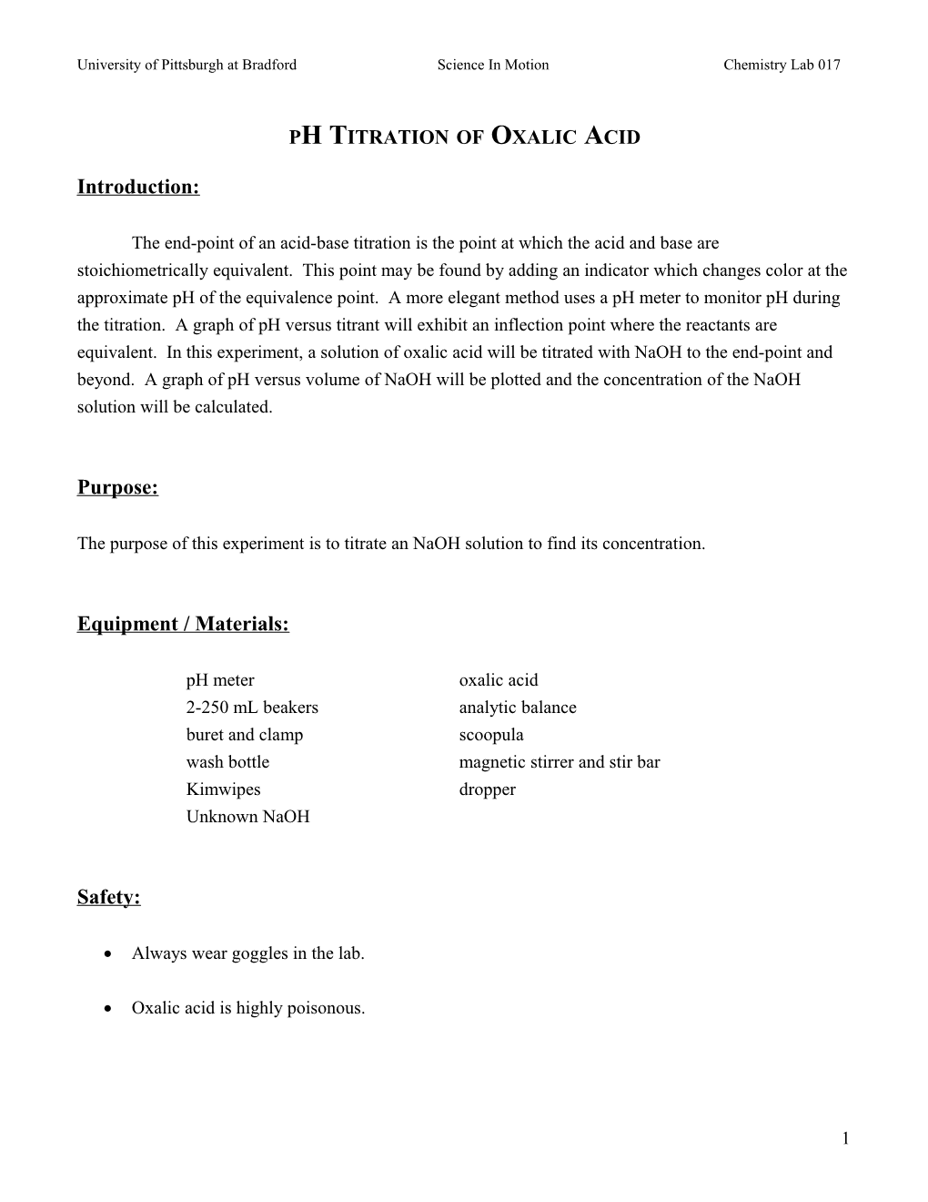 Ph Titration: Oxalic Acid