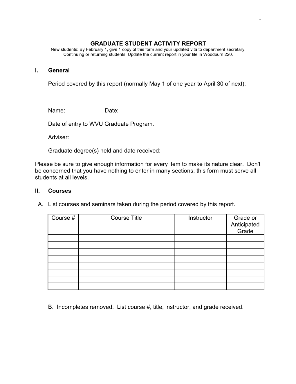 Graduate Student Activity Report