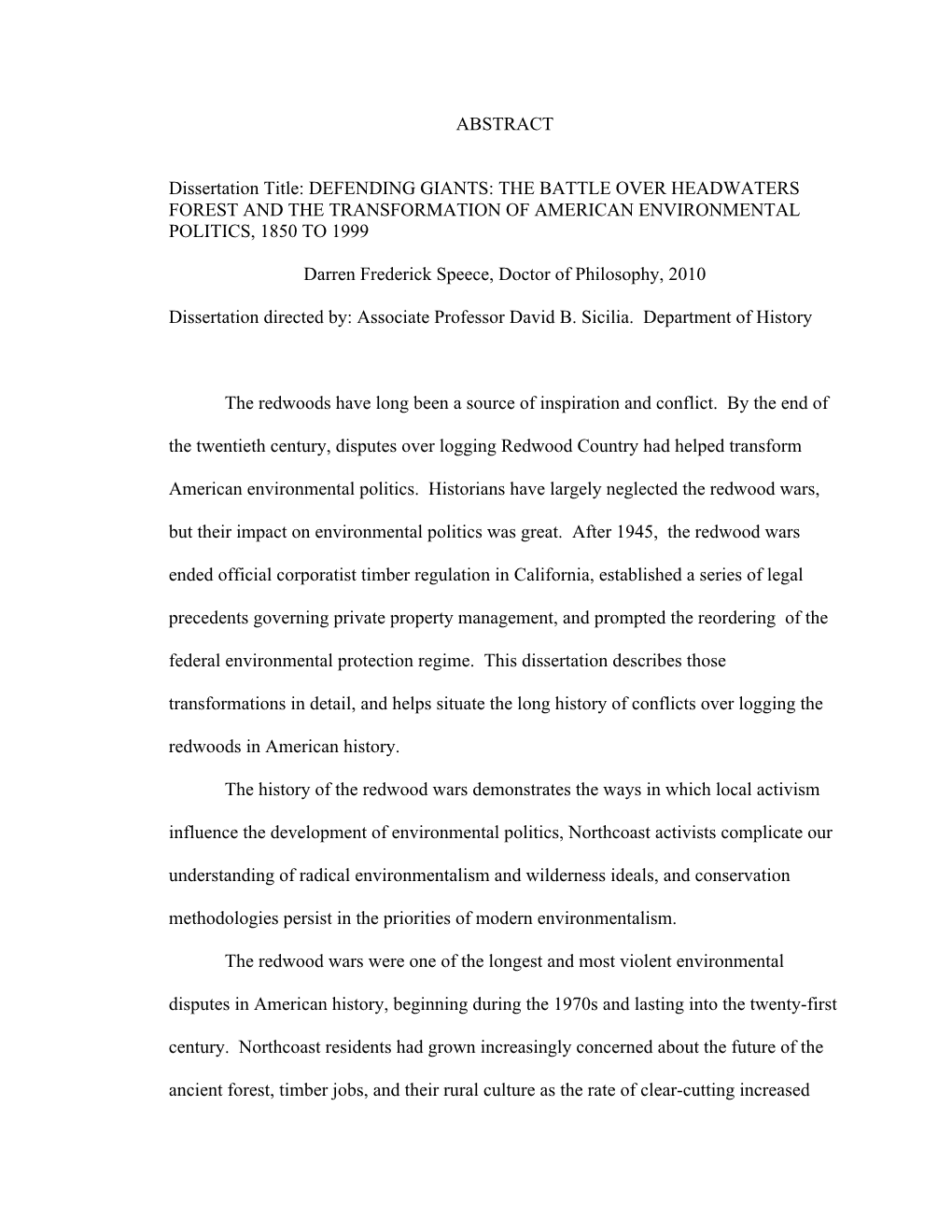 The Battle Over Headwaters Forest and the Transformation of American Environmental Politics, 1850 to 1999