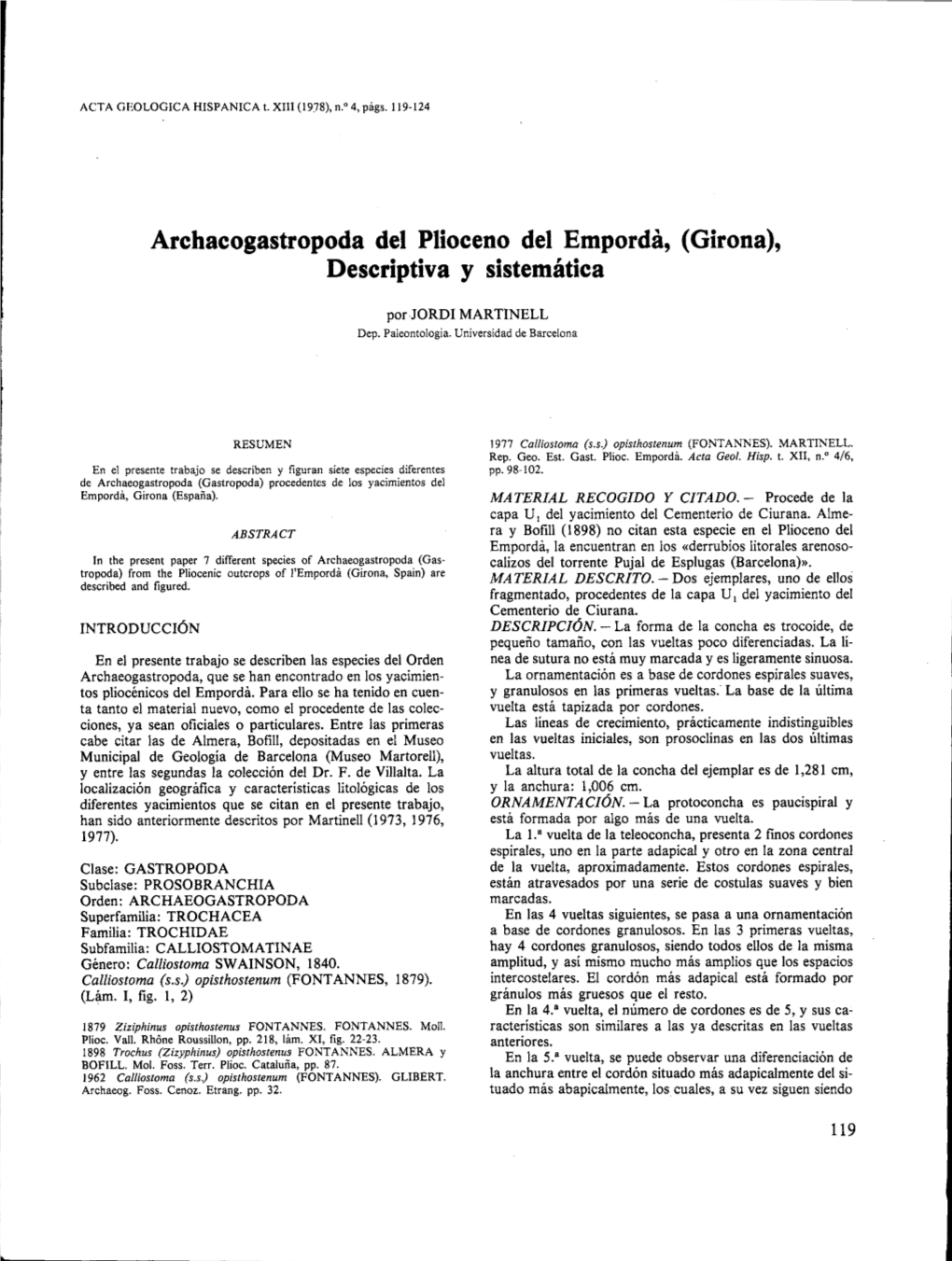 Archacogastropoda Del Plioceno Del Emporda, (Girona), Descriptiva Y Sistemática