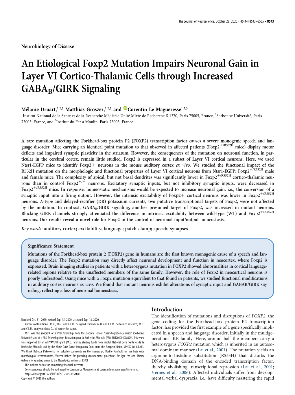 An Etiological Foxp2 Mutation Impairs Neuronal Gain in Layer VI Cortico-Thalamic Cells Through Increased GABAB/GIRK Signaling
