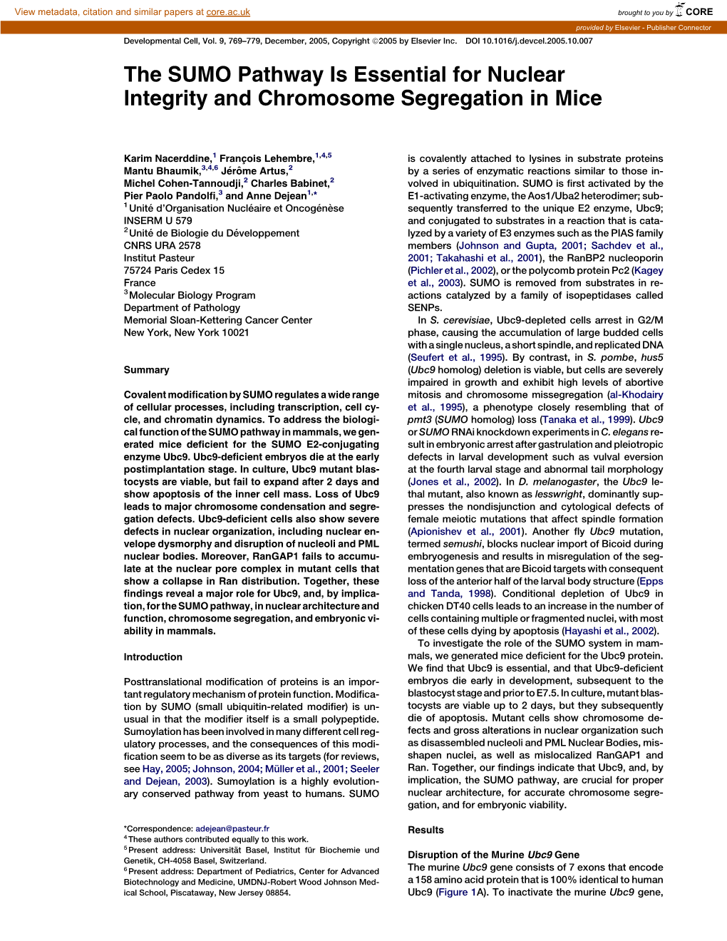 The SUMO Pathway Is Essential for Nuclear Integrity and Chromosome Segregation in Mice