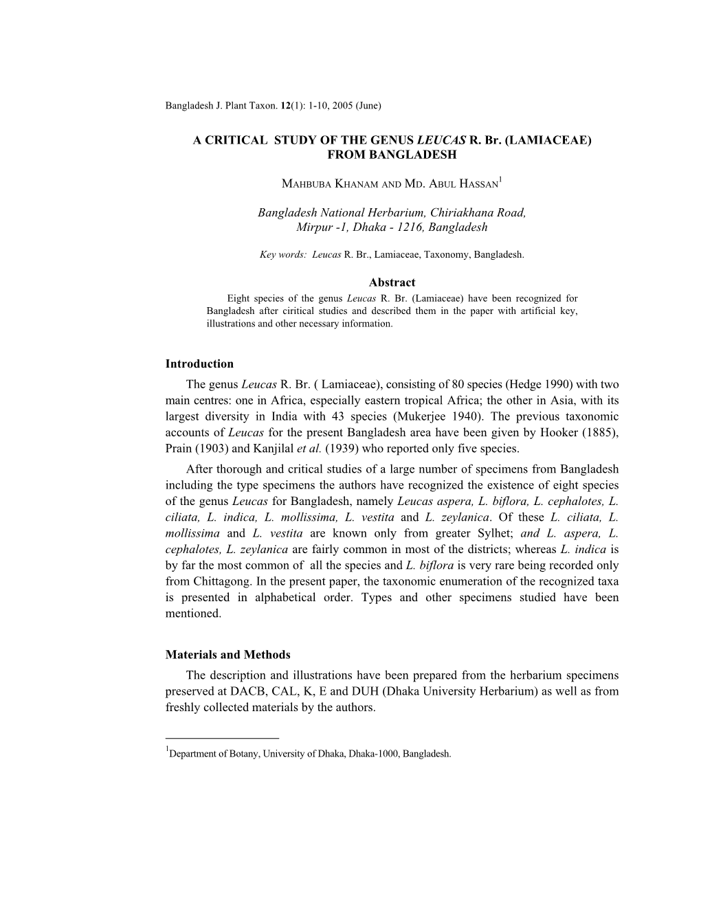 Taxonomic Study of the Genus Leucas R