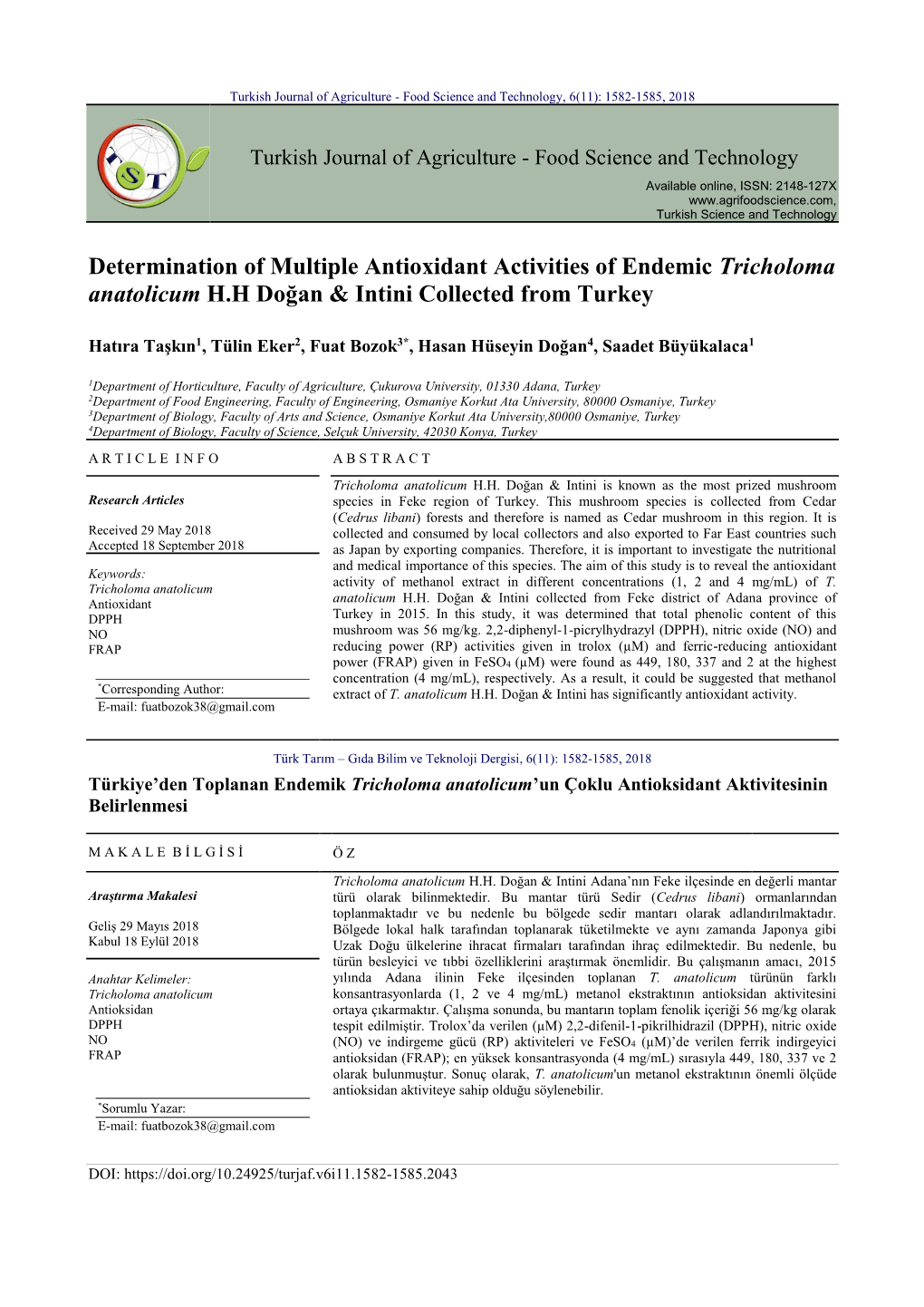 Determination of Multiple Antioxidant Activities of Endemic Tricholoma Anatolicum H.H Doğan & Intini Collected from Turkey