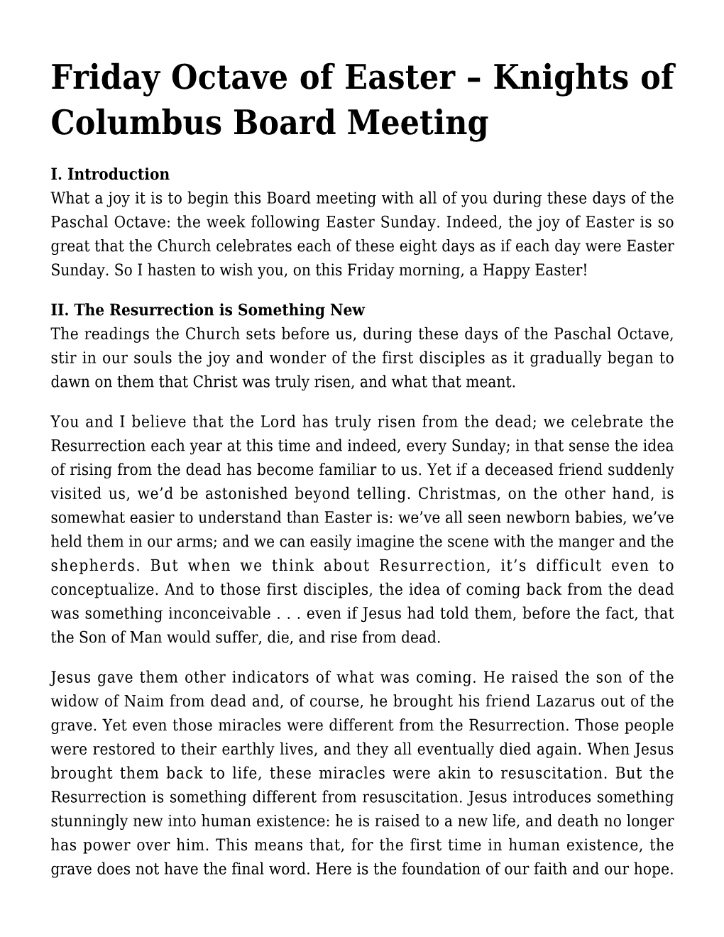 Friday Octave of Easter &#8211; Knights of Columbus Board Meeting