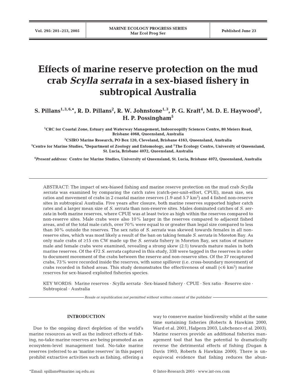 Effects of Marine Reserve Protection on the Mud Crab Scylla Serrata in a Sex-Biased Fishery in Subtropical Australia
