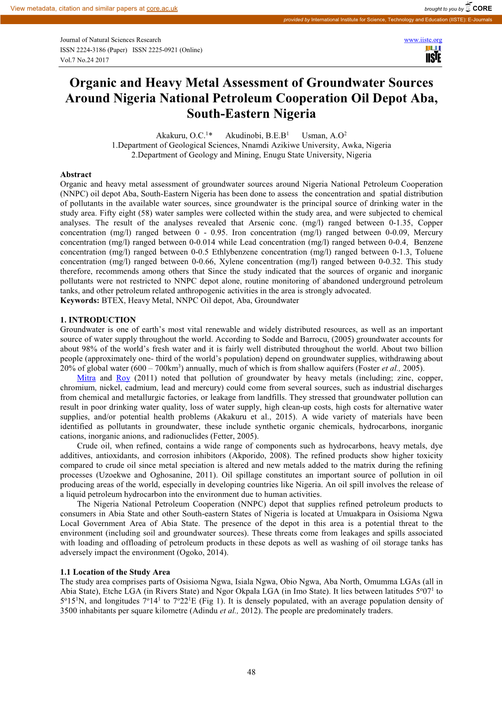 Organic and Heavy Metal Assessment of Groundwater Sources Around Nigeria National Petroleum Cooperation Oil Depot Aba, South-Eastern Nigeria