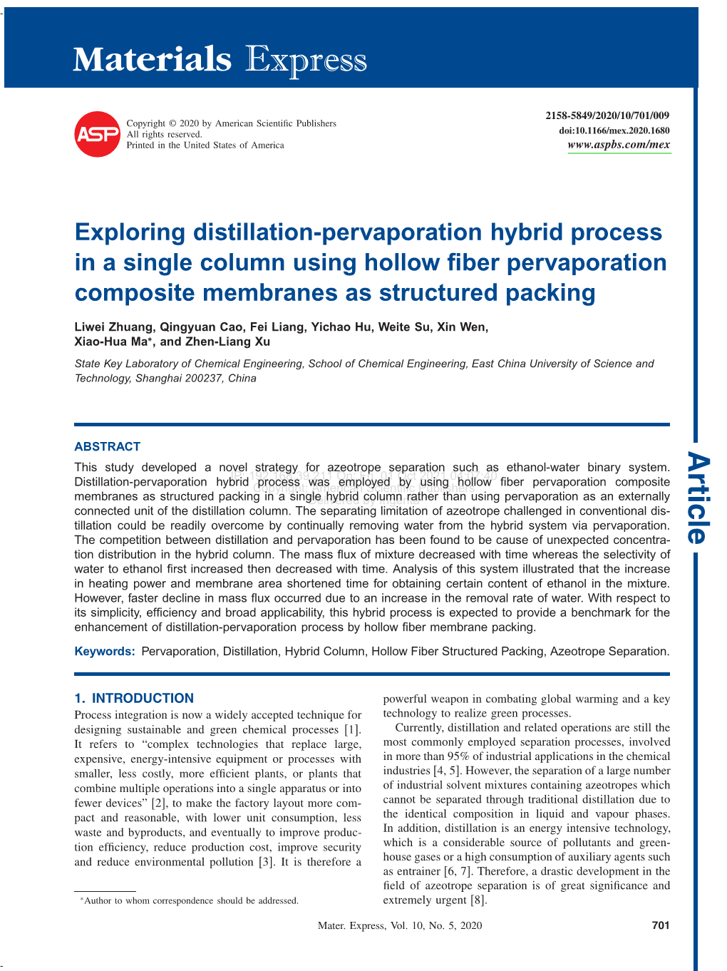 Exploring Distillation-Pervaporation Hybrid Process in a Single Column Using Hollow ﬁber Pervaporation Composite Membranes As Structured Packing