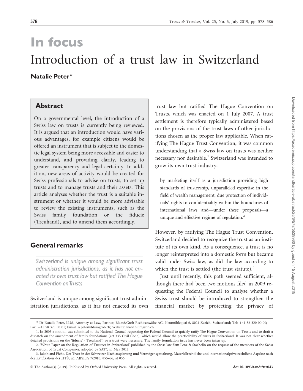 In Focus Introduction of a Trust Law in Switzerland