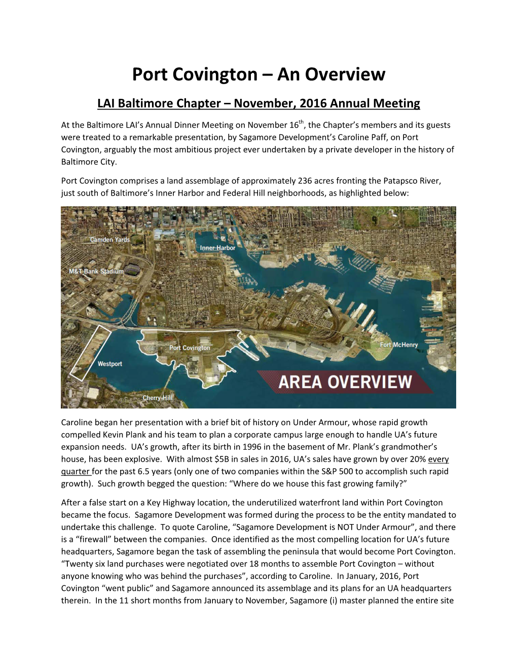 Port Covington – an Overview LAI Baltimore Chapter – November, 2016 Annual Meeting