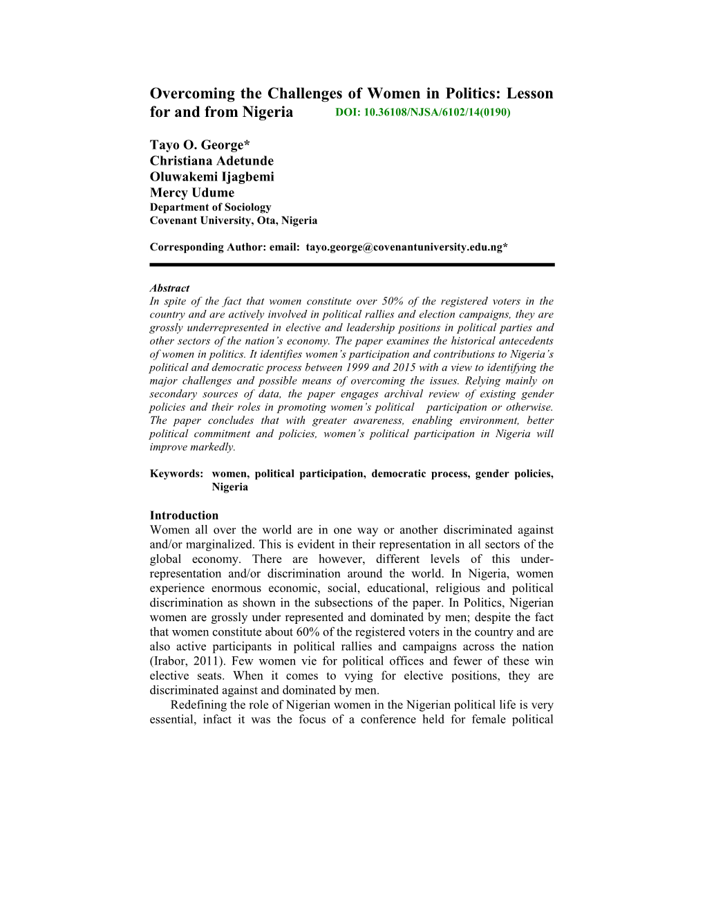 Overcoming the Challenges of Women in Politics: Lesson for and from Nigeria DOI: 10.36108/NJSA/6102/14(0190)