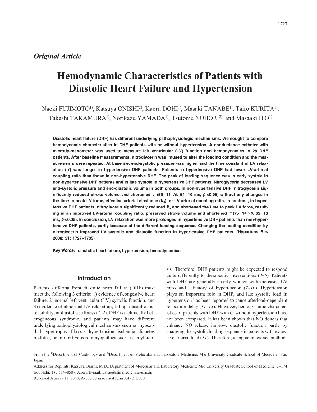 Hemodynamic Characteristics of Patients with Diastolic Heart Failure and Hypertension