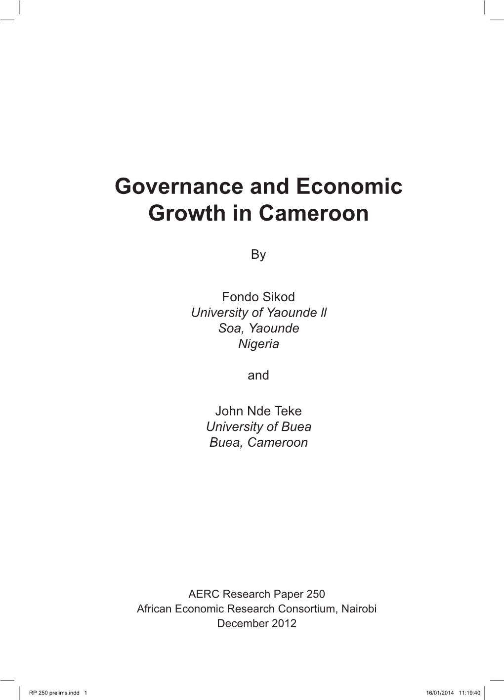 Governance and Economic Growth in Cameroon