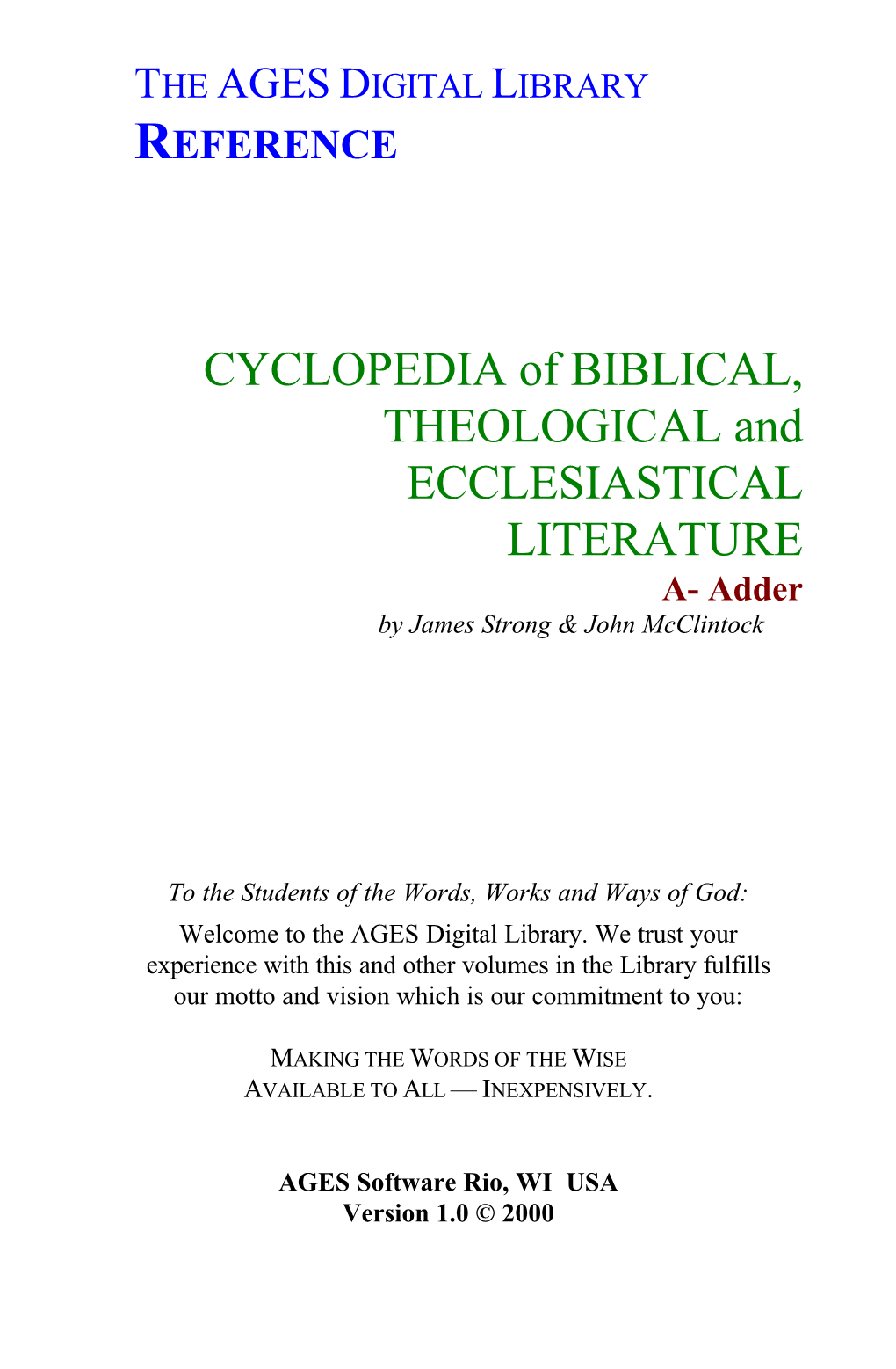 CYCLOPEDIA of BIBLICAL, THEOLOGICAL and ECCLESIASTICAL LITERATURE A- Adder by James Strong & John Mcclintock