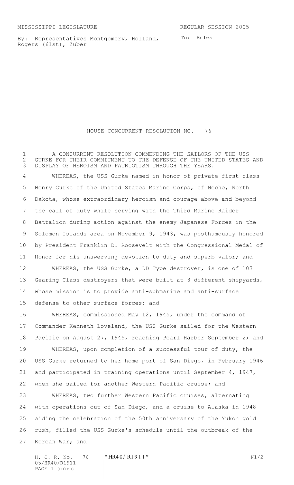 *Hr40/R1911* Mississippi Legislature Regular