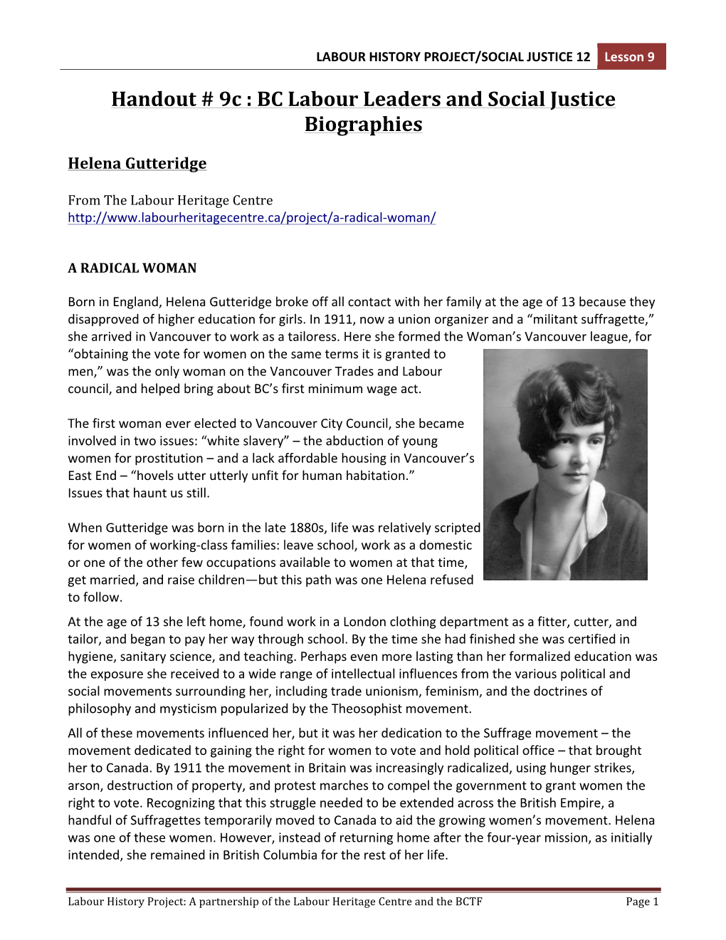 Handout # 9C : BC Labour Leaders and Social Justice Biographies