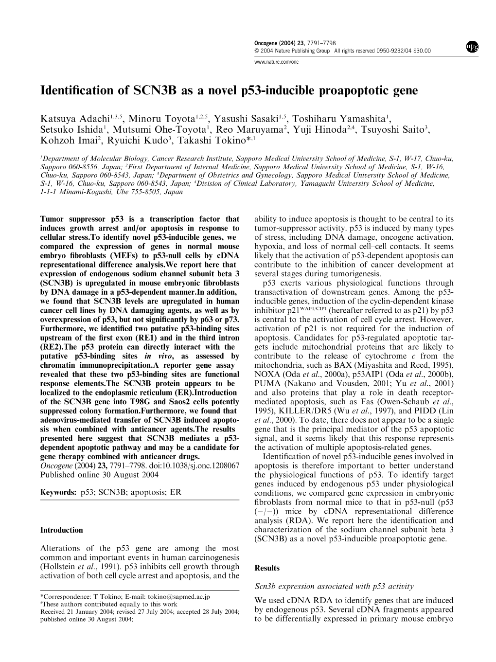 Identification of SCN3B As a Novel P53-Inducible Proapoptotic Gene