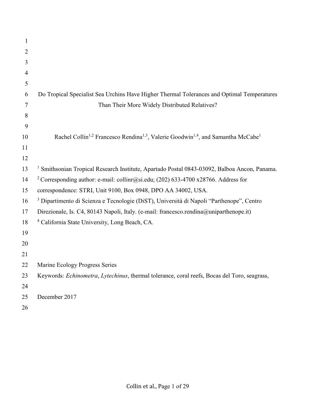 Collin Et Al., Page 1 of 29 1 2 3 4 5 Do Tropical Specialist Sea Urchins Have Higher Thermal Tolerances and Optimal Temperatures