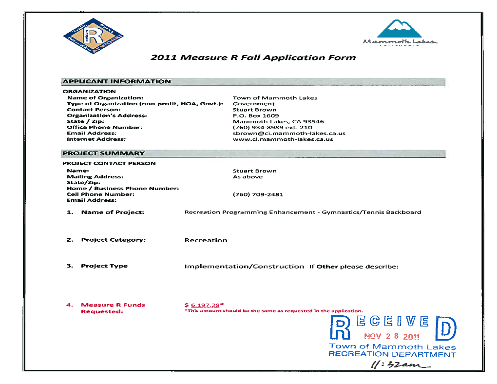 [B) ~DH Ui) NOV 282011 Town of Mammoth Lakes RECREATION DEPARTMENT If: ~Zs~ PROJECT APPLICATION