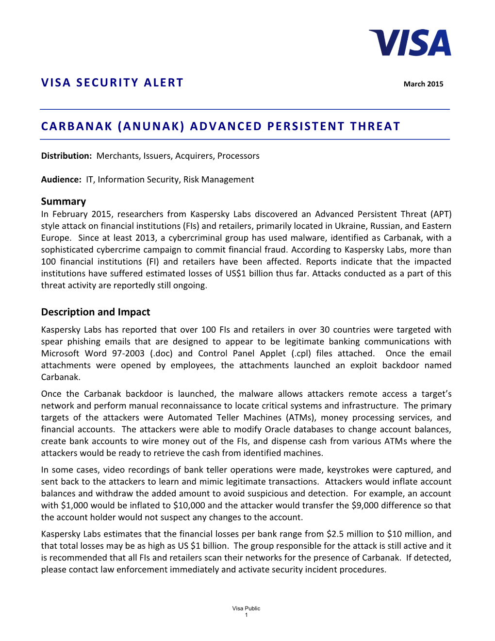 Carbanak (Anunak) Advanced Persistent Threat